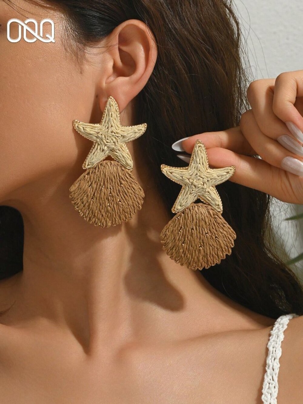 Brown Boho Women's Handmade Woven Raffia Grass Starfish Shell Earrings